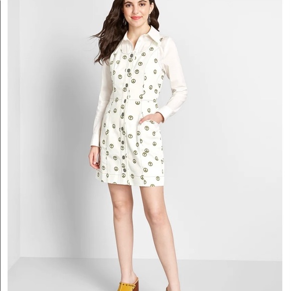 ModCloth New Peace Sign Dress / Jumper Cotton Size 4 White Olive - Picture 15 of 15